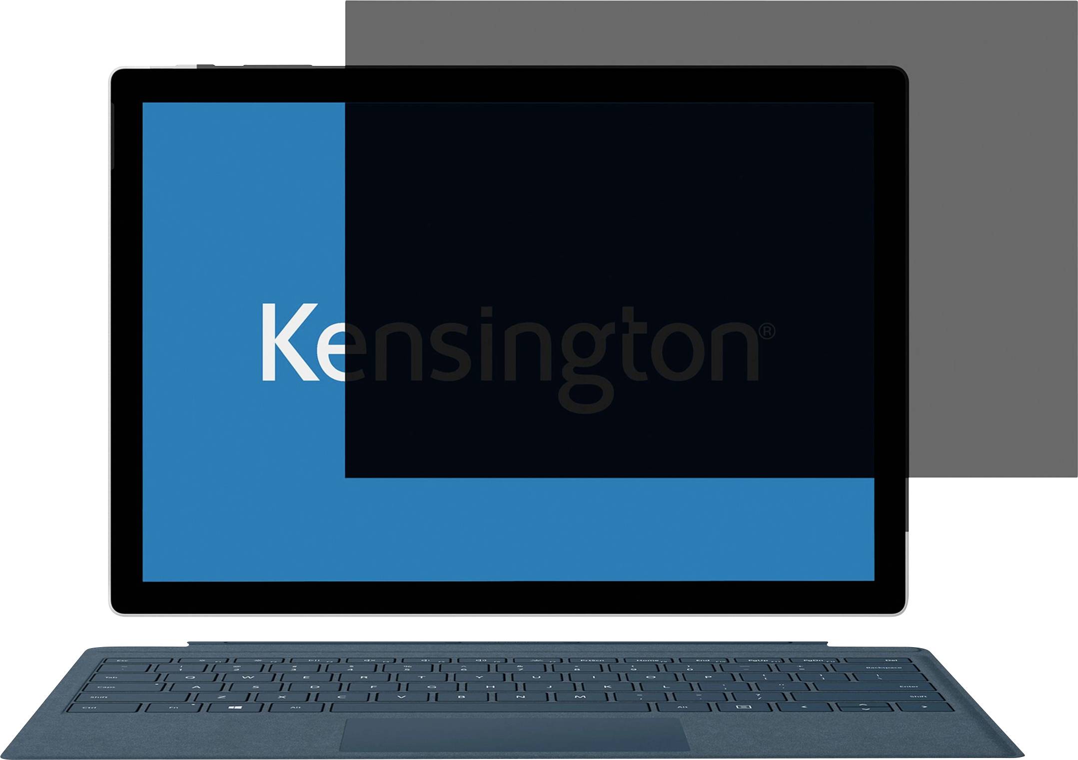 Ein Tablet mit Tastatur zeigt das Kensington-Logo auf dem Bildschirm, Hintergrund in Blau und Schwarz.