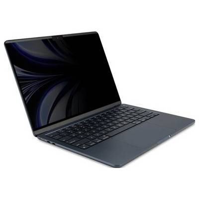 Ein geöffneter Laptop mit schwarzem Bildschirm und schwarzer Tastatur, schräg von der Seite gesehen.
