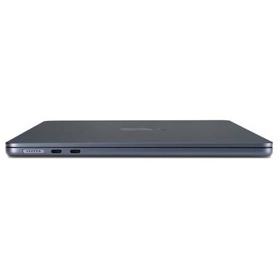 Ein geschlossener Laptop in dunkler Farbe, frontal abgebildet, zeigt Ladeanschlüsse und ein Markenlogo auf dem Deckel.