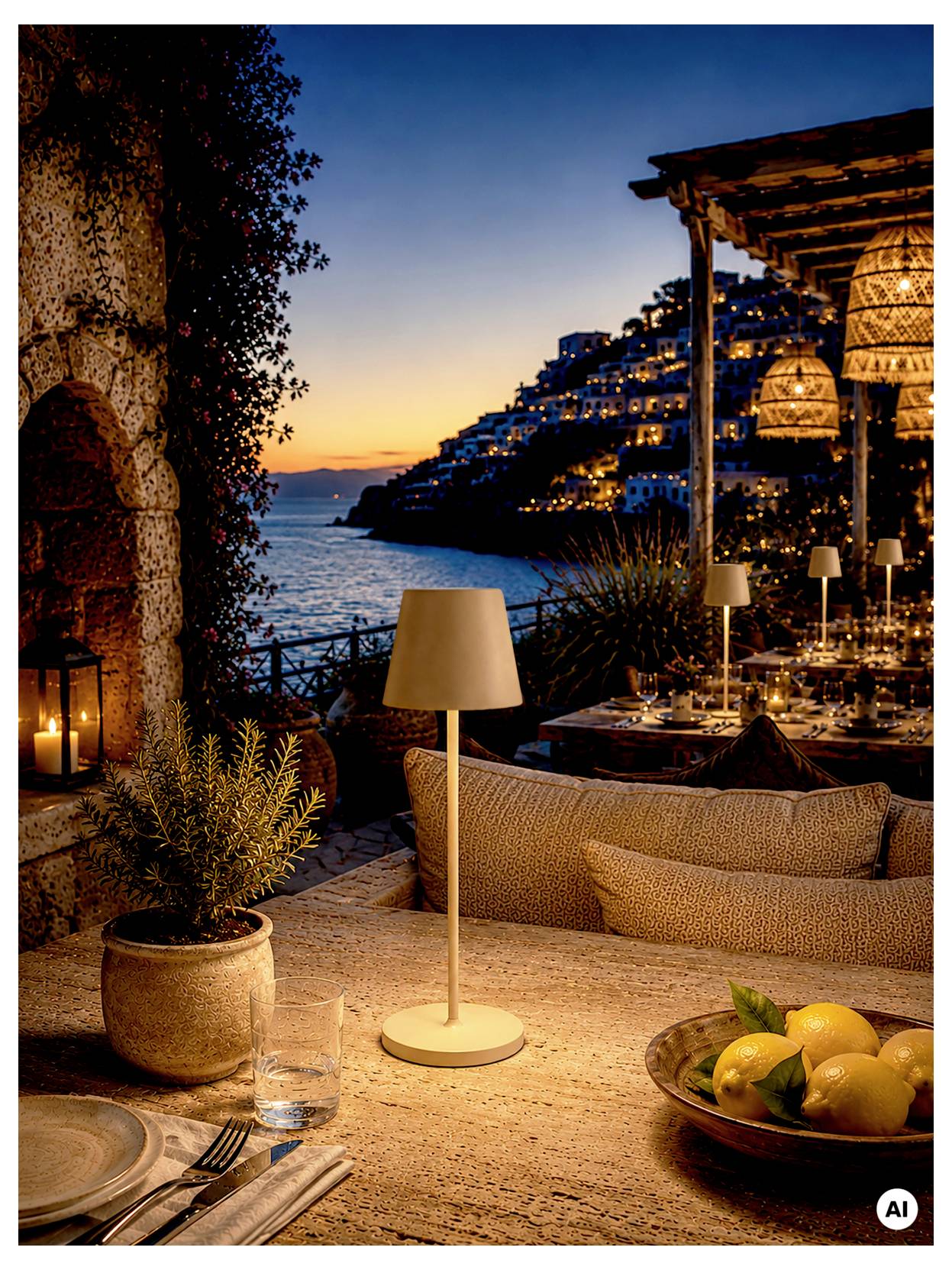 Strandabendessen bei Sonnenuntergang mit einem beleuchteten Tisch, Sofa, Lampe, Zitronen und Kerzen mit Blick auf eine Klippenbucht und Lichter an den Hängen.