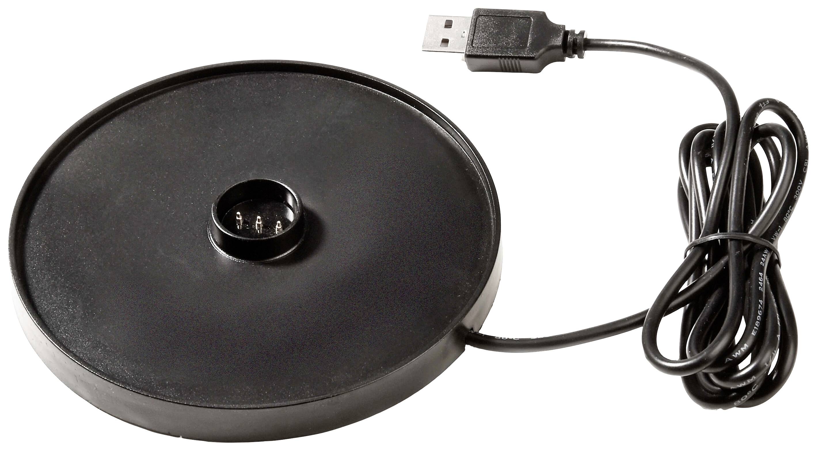 Schwarzer runder USB-Ladeteller mit Kabel und Anschluss in der Mitte, geeignet zum Aufladen kompatibler Geräte.