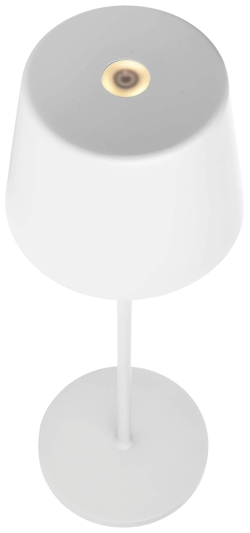 Eine weiße Tischlampe mit kreisförmigem Schirm und warmem Licht leuchtet nach unten.