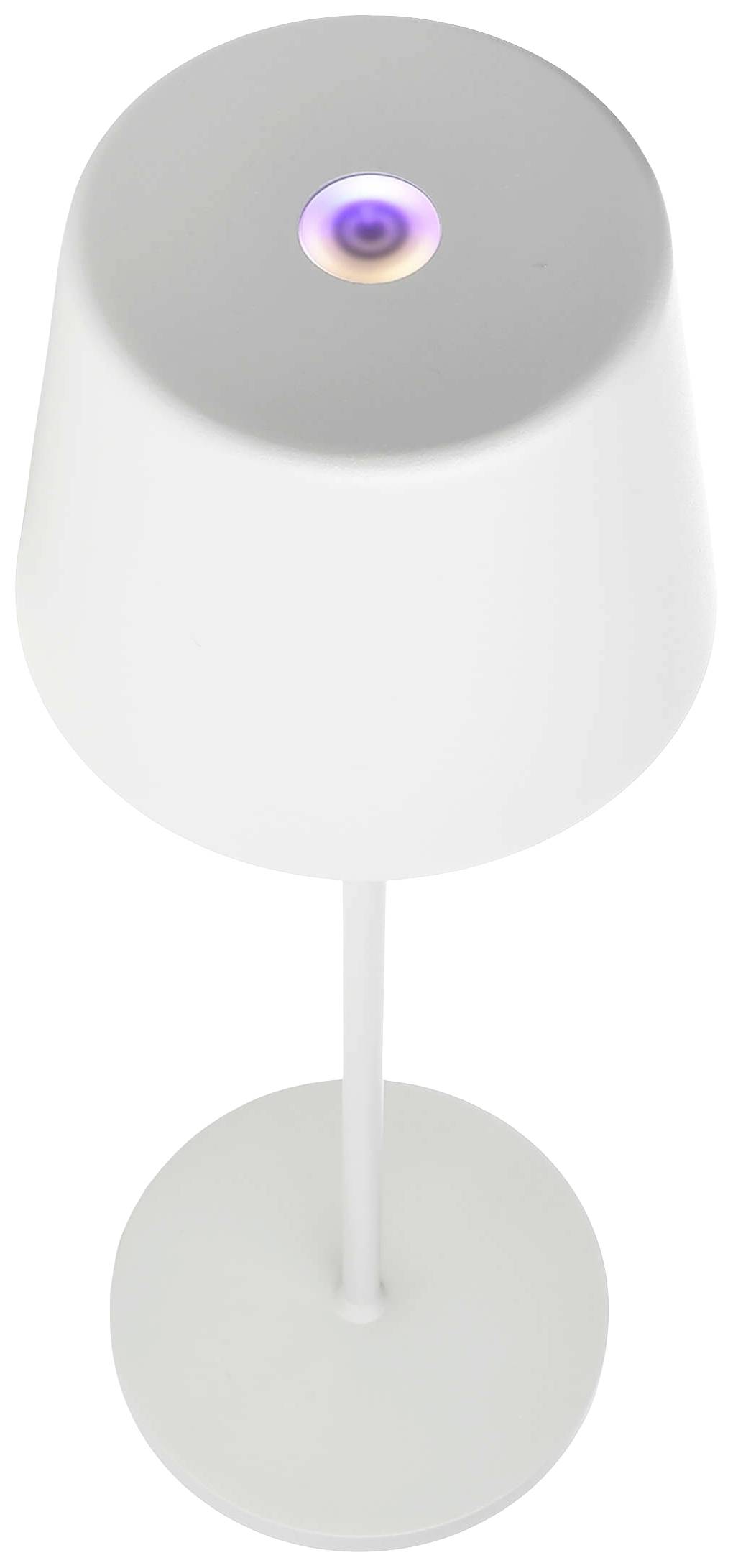 Weiße Tischlampe mit rundem Kopf und lila leuchtendem Zentrum oben; modernes, minimalistisches Design.