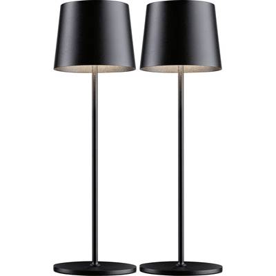 Zwei schwarze Stehlampen mit konischem Schirm, stehen nebeneinander auf schwarzem Standfuß.