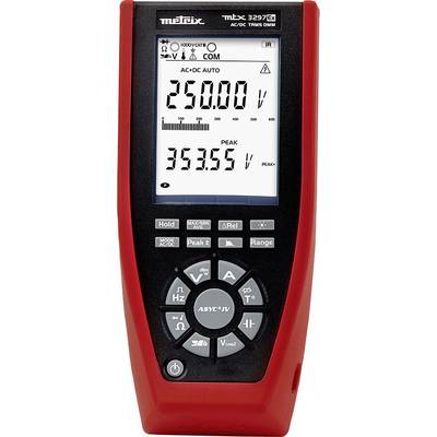 Ein digitales Multimeter auf rotem Gehäuse zeigt '250.00 V' auf dem Display. Es misst Spannung, geeignet für AC/DC.