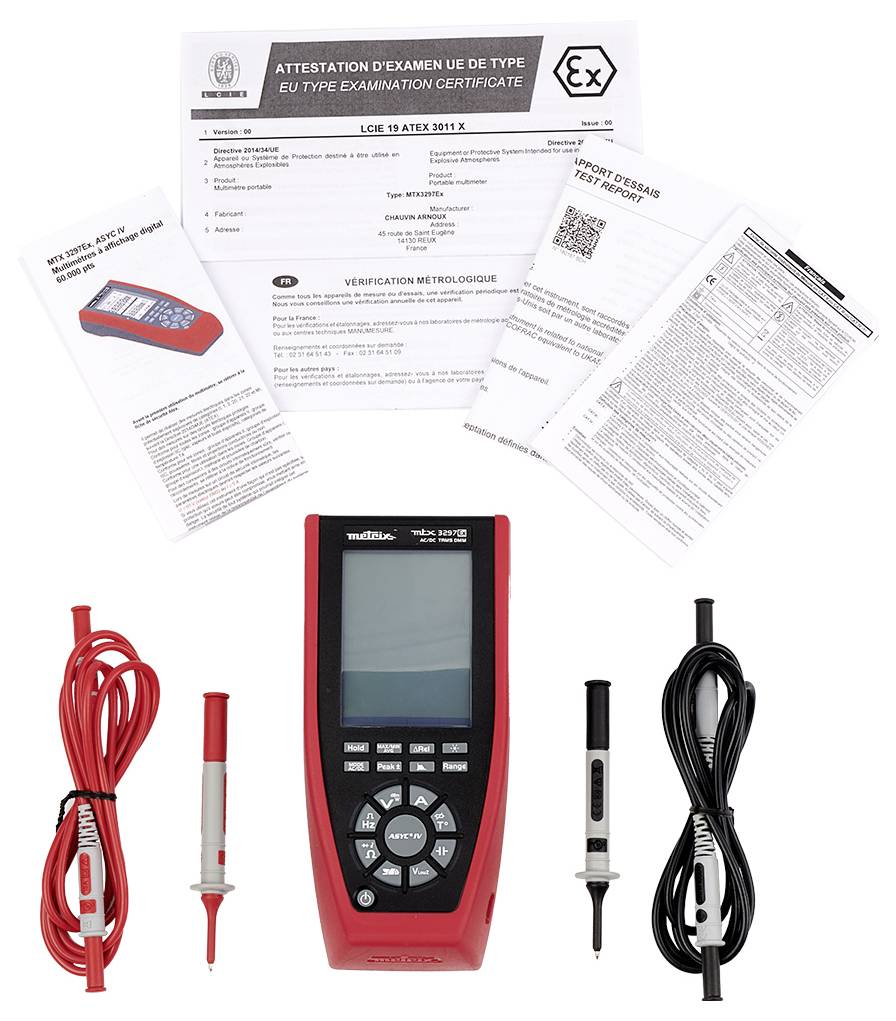 Ein rotes Messgerät mit mehreren Funktionen liegt neben Anleitungen, Messkabeln mit Prüfspitzen und EU-Typenprüfung Zertifikat.