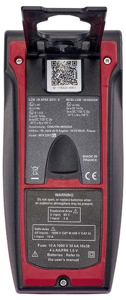 Handgerät mit rotem Rand und schwarzem Gehäuse, mit QR-Code oben und mehreren Sicherheits- sowie Gebrauchshinweisen auf der Rückseite.