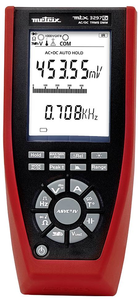 Ein digitales Multimeter mit rotem Gehäuse zeigt auf dem Display Spannungen von '453,55 mV' und eine Frequenz von '0,708 kHz' an.
