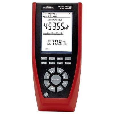 Ein digitales Multimeter mit rotem Gehäuse zeigt auf dem Display Spannungen von '453,55 mV' und eine Frequenz von '0,708 kHz' an.