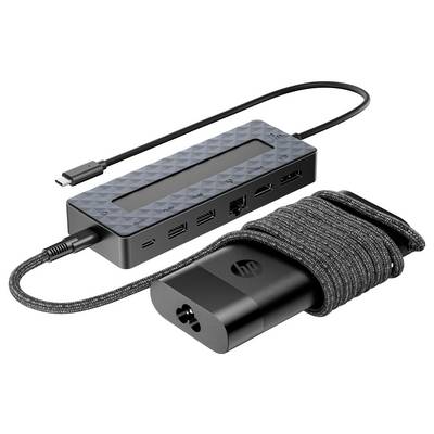 Externe USB-C-Dockingstation mit mehreren Anschlüssen und Netzadapter. Ideal für den Anschluss von Zubehör an Laptops.