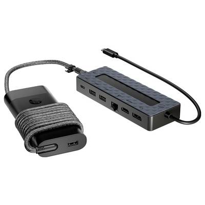 Schwarzes USB-Dockingstation mit verschiedenen Anschlüssen, daneben ein schwarzes Netzteil mit Kabel.