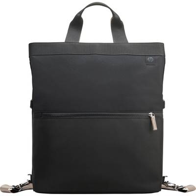 Schwarzer Rucksack mit Griffen und Fronttasche; schlichtes, modernes Design.