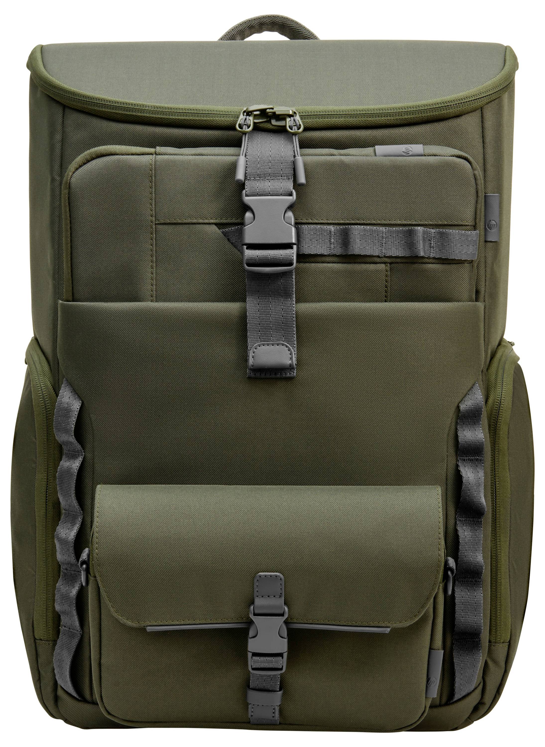 Ein olivgrüner Rucksack mit mehreren Taschen und grauen Schnallen. Geeignet für Outdoor-Aktivitäten und Alltagsgebrauch.