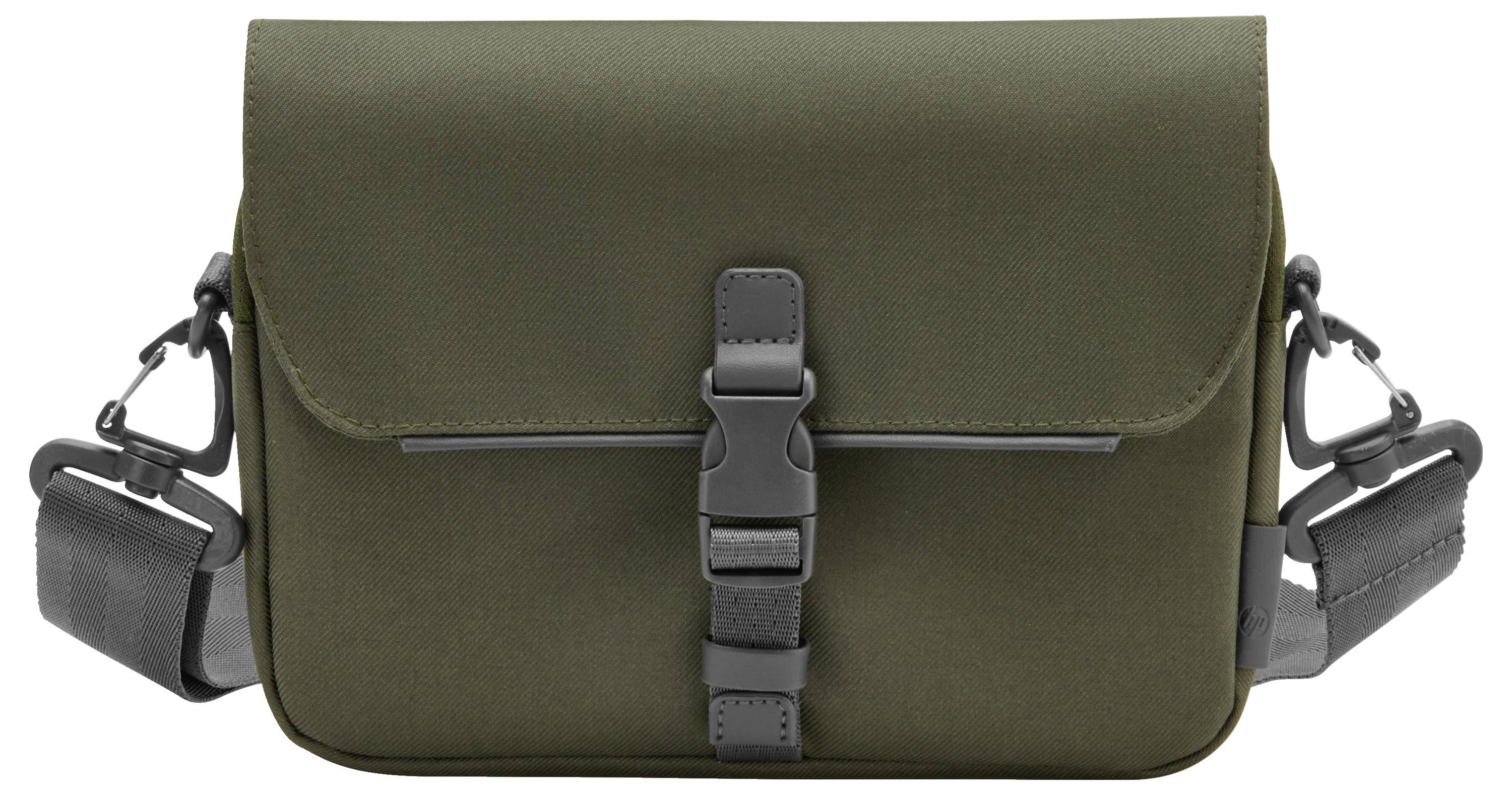 Eine olivgrüne Umhängetasche mit schwarzem Schnallenverschluss und verstellbarem Schultergurt. Sie hat ein minimalistisches Design.
