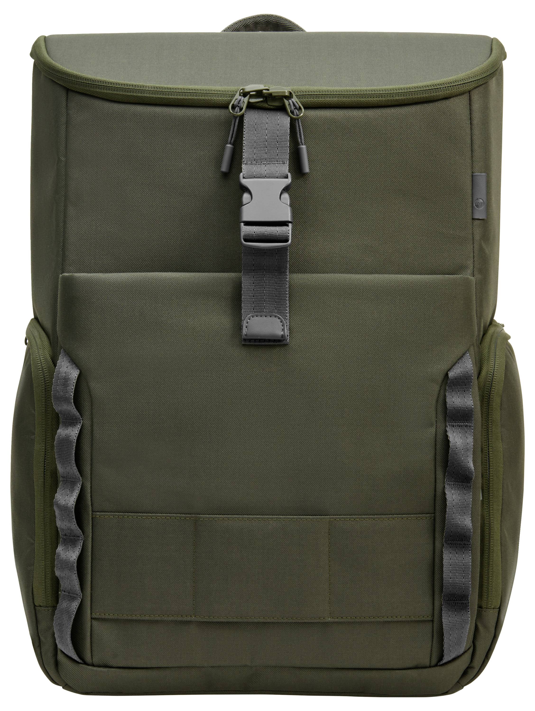 Ein grüner Rucksack mit Fronttasche, mittigem Schnallenverschluss und seitlichen Tragegriffen.
