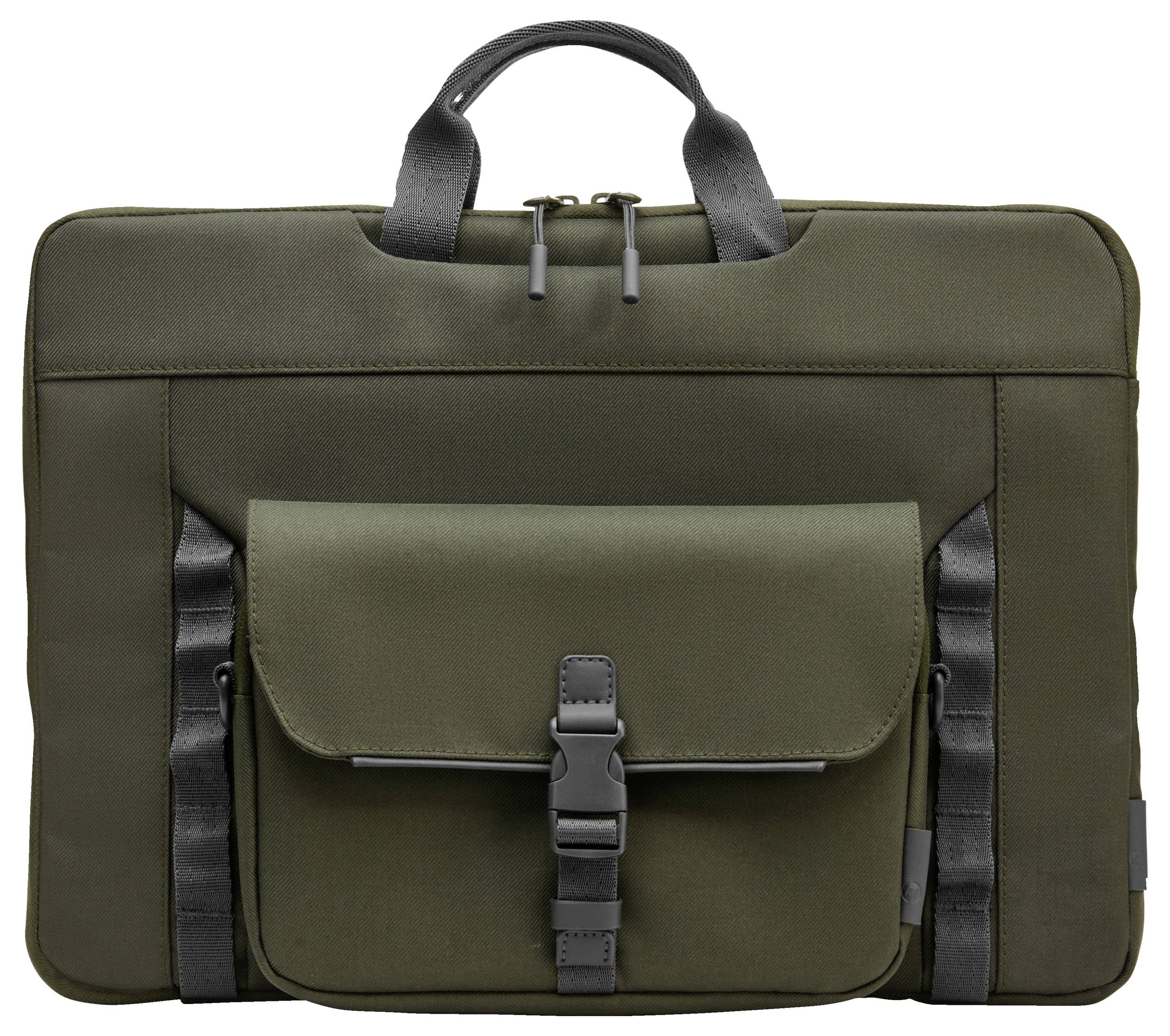 Grüne Laptop-Tasche mit Vordertasche, Schnallenverschluss und schwarzem Griff, ideal für Büro oder Reisen.