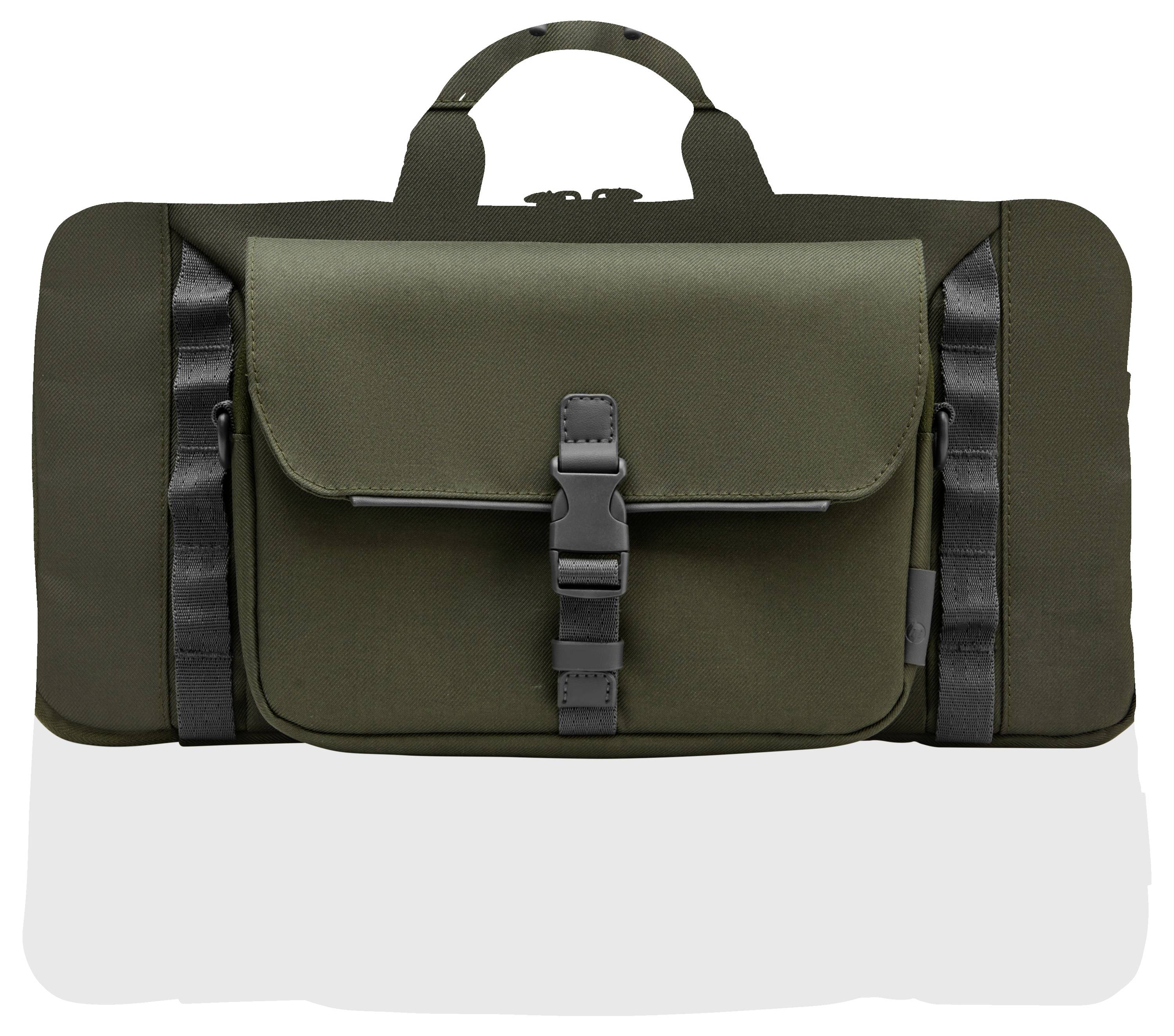 Eine olivgrüne Reisetasche mit schwarzem Schnallenverschluss und Tragegriff.