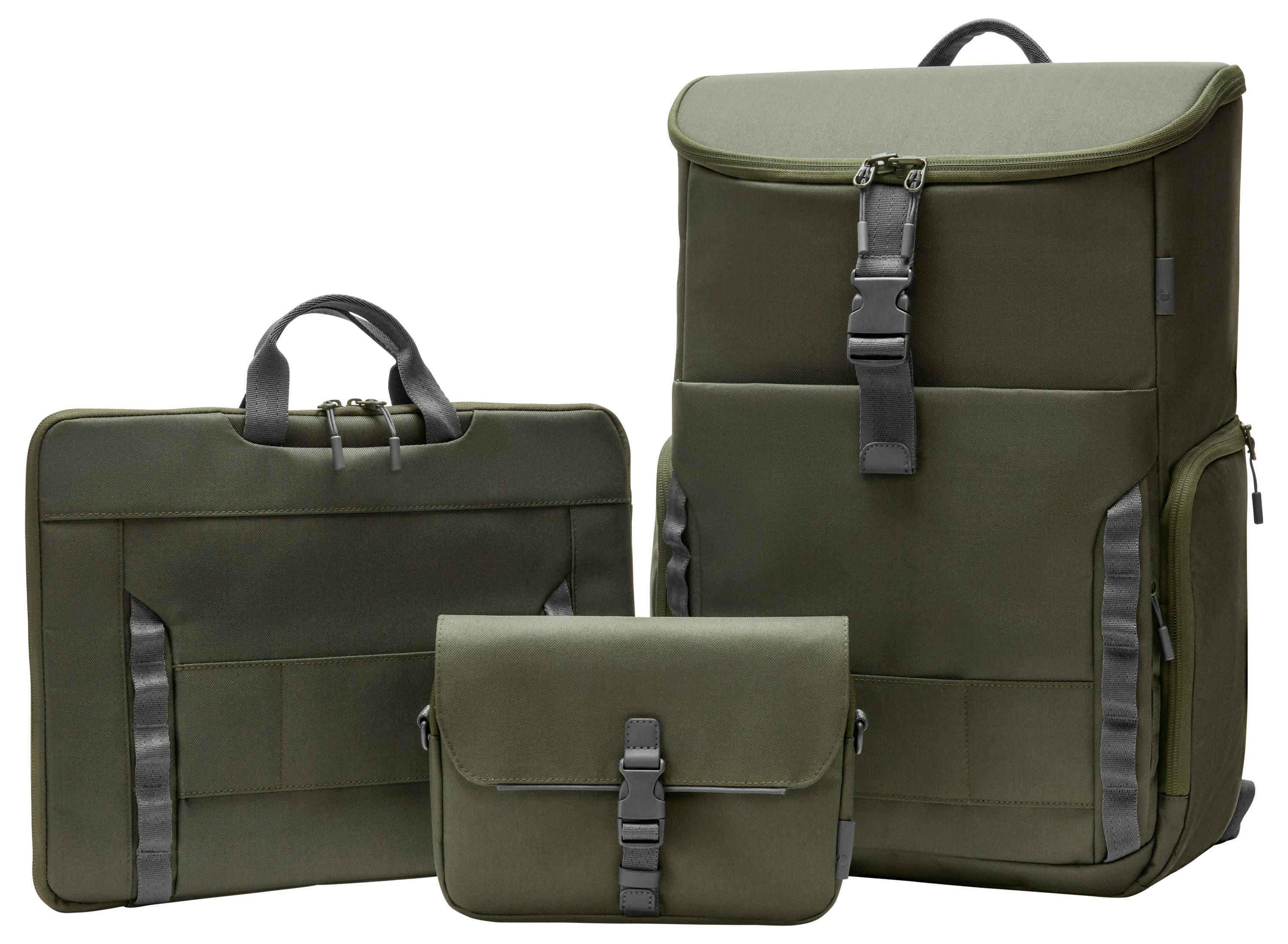 Drei grüne Taschen in verschiedenen Größen, alle mit grauen Riemen und Schnallen. Quadratisch, rechteckig und flach gestaltet.