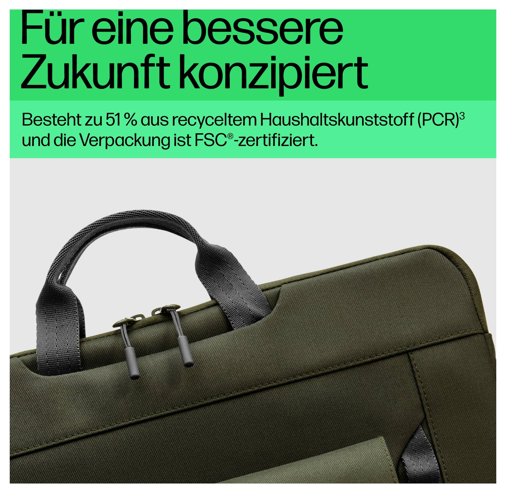 'Grüne Tasche aus recyceltem Kunststoff, dient als umweltfreundliches Produkt. Beschriftung: Für eine bessere Zukunft konzipiert.'