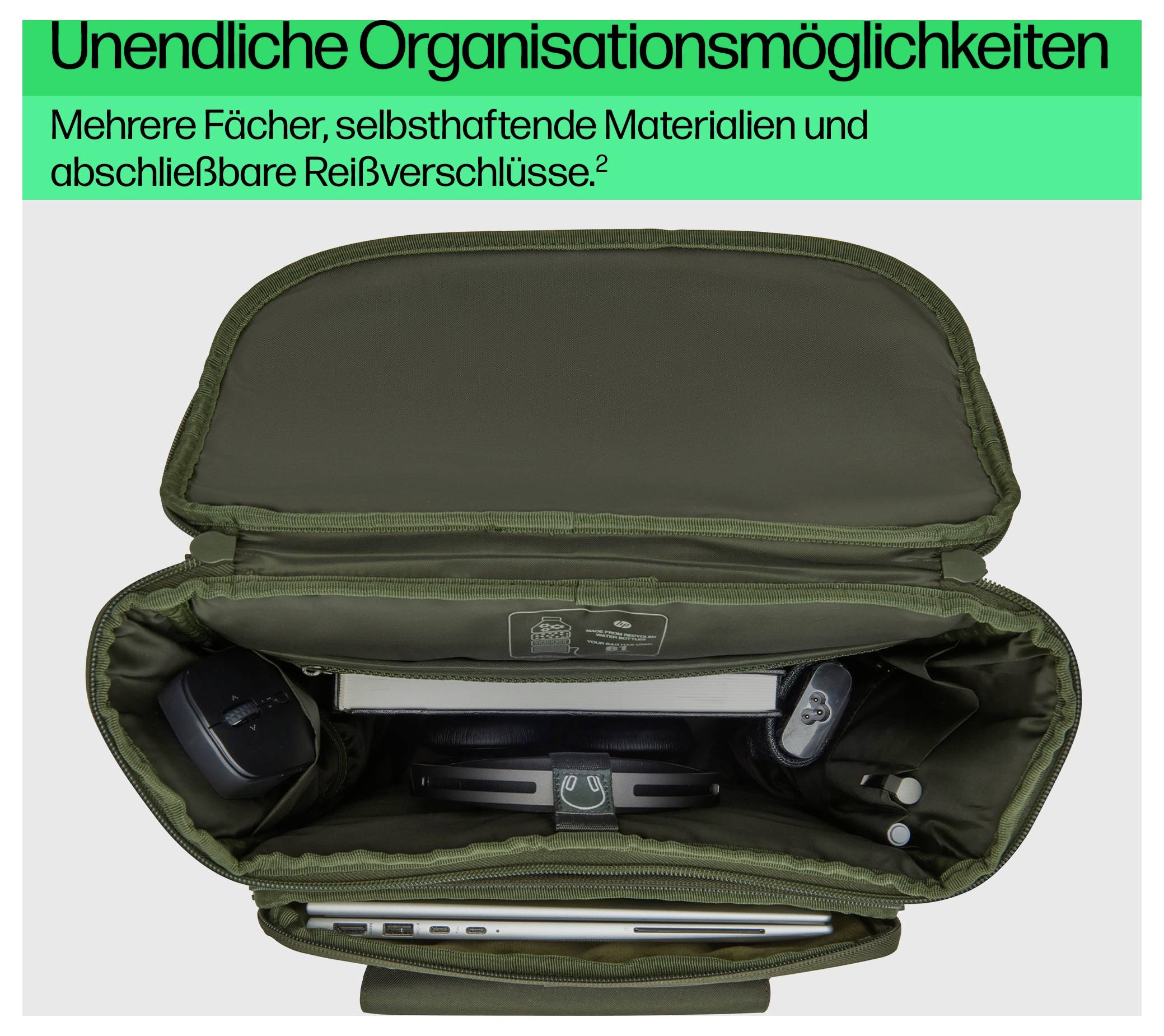 Eine geöffnete Tasche mit mehreren Fächern, die elektronische Geräte und Zubehör wie Ladegeräte organisiert. Text: 'Unendliche Organisationsmöglichkeiten'.