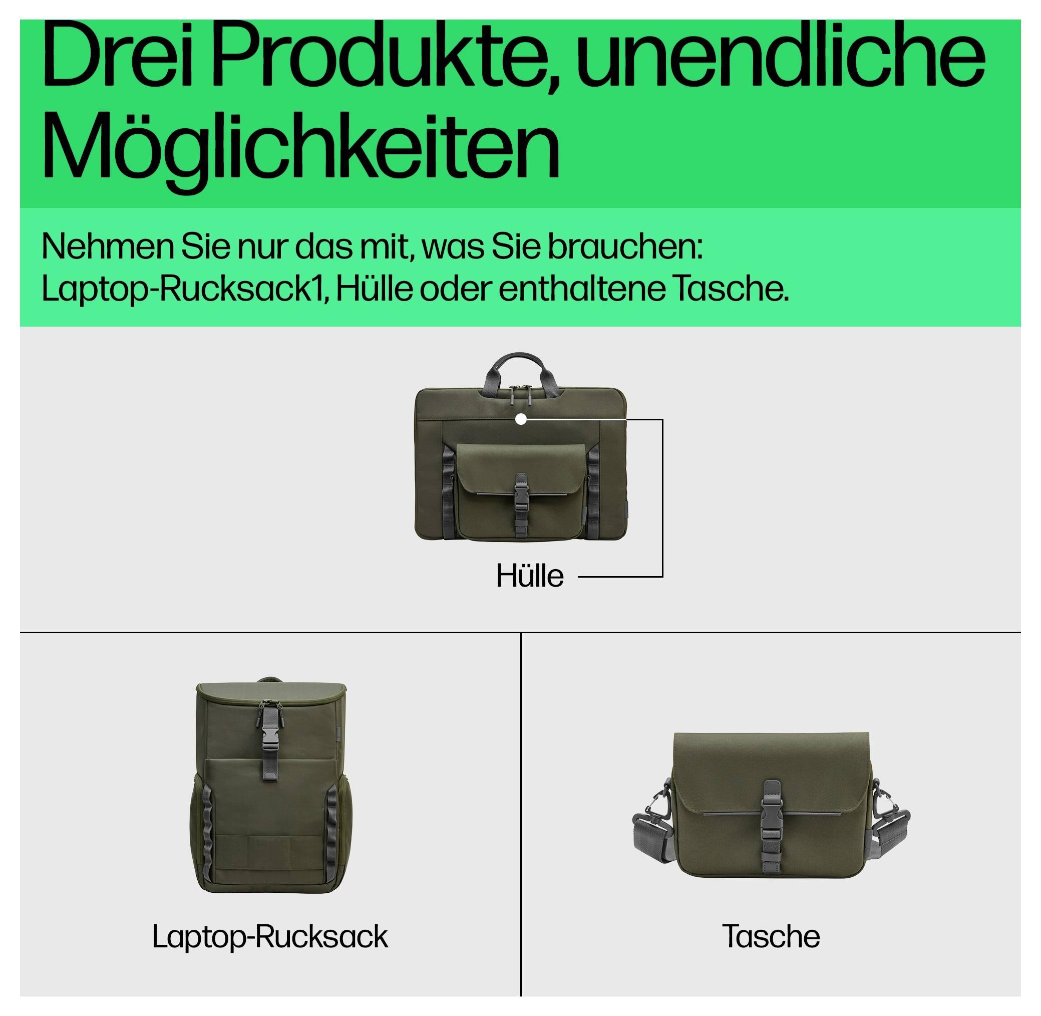 'Drei Produkte, unendliche Möglichkeiten. Nehmen Sie nur das mit, was Sie brauchen: Laptop-Rucksack, Hülle oder Tasche.'