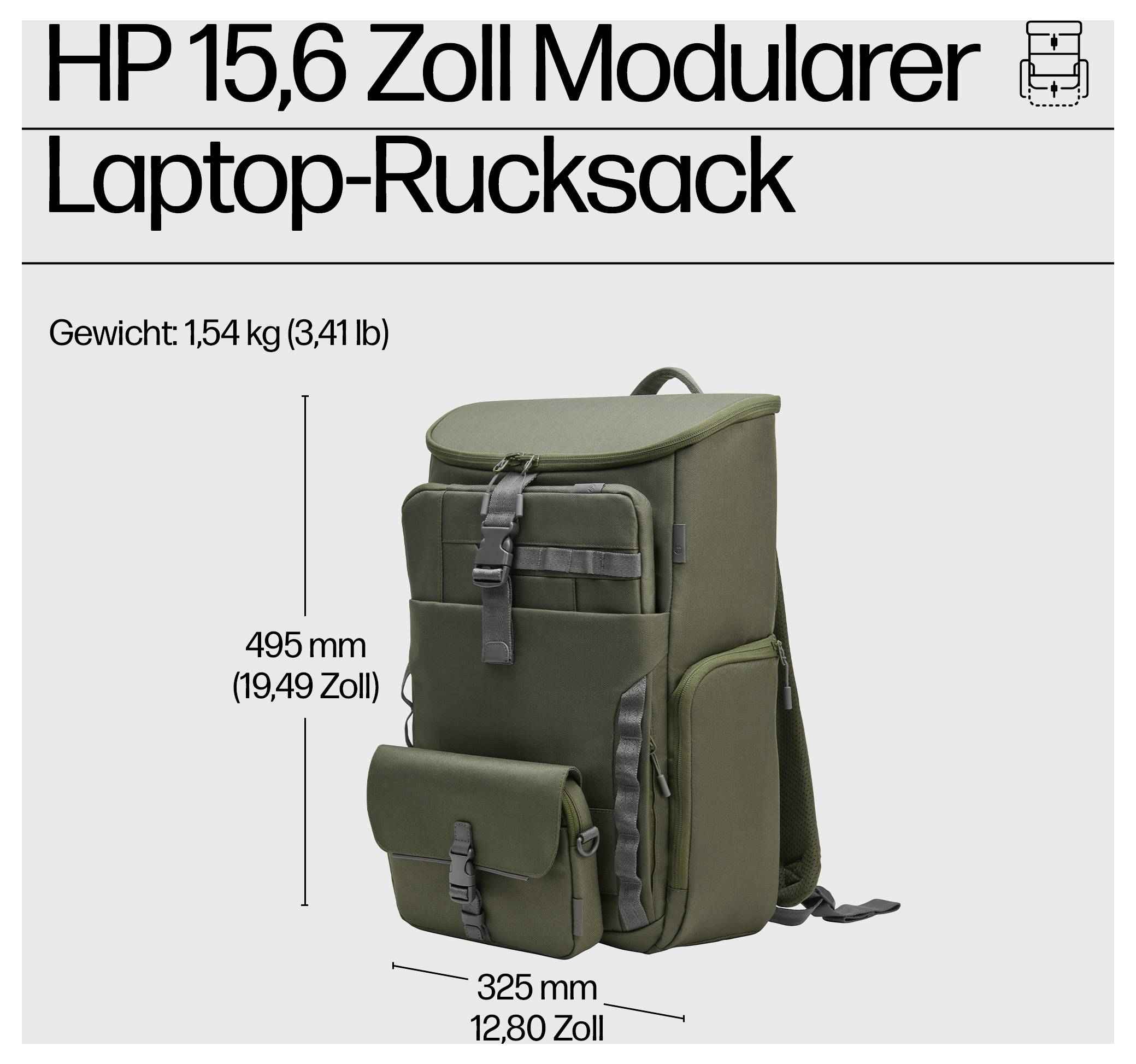 'HP 15,6 Zoll Modularer Laptop-Rucksack' in Grün mit mehreren Fächern und Gurten. Gewicht: 1,54 kg, Maße: 495 mm x 325 mm.