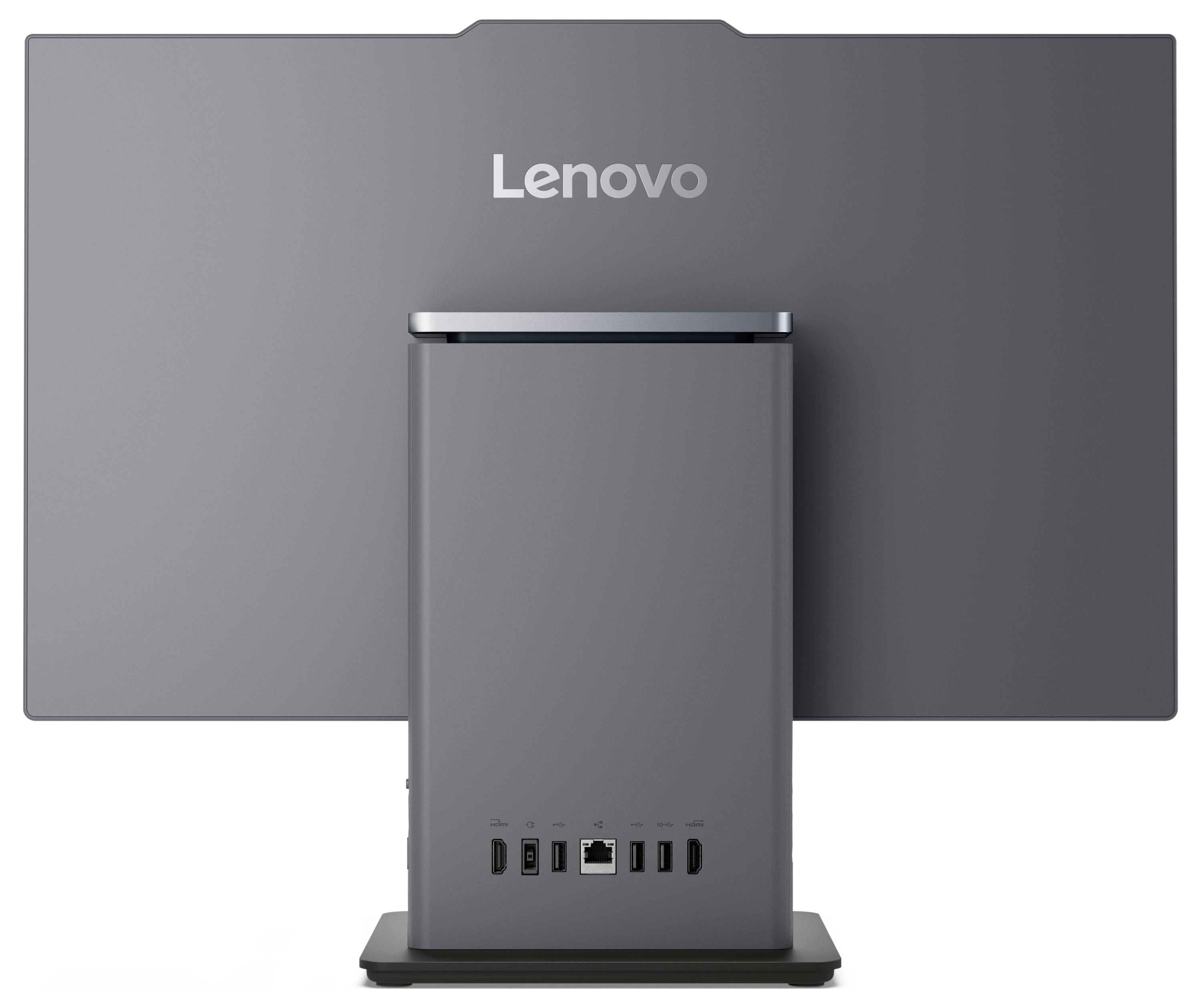 Rückseite eines Lenovo All-in-One-Computers mit mehreren Anschlüssen für USB und andere Verbindungen, graues Gehäusedesign.