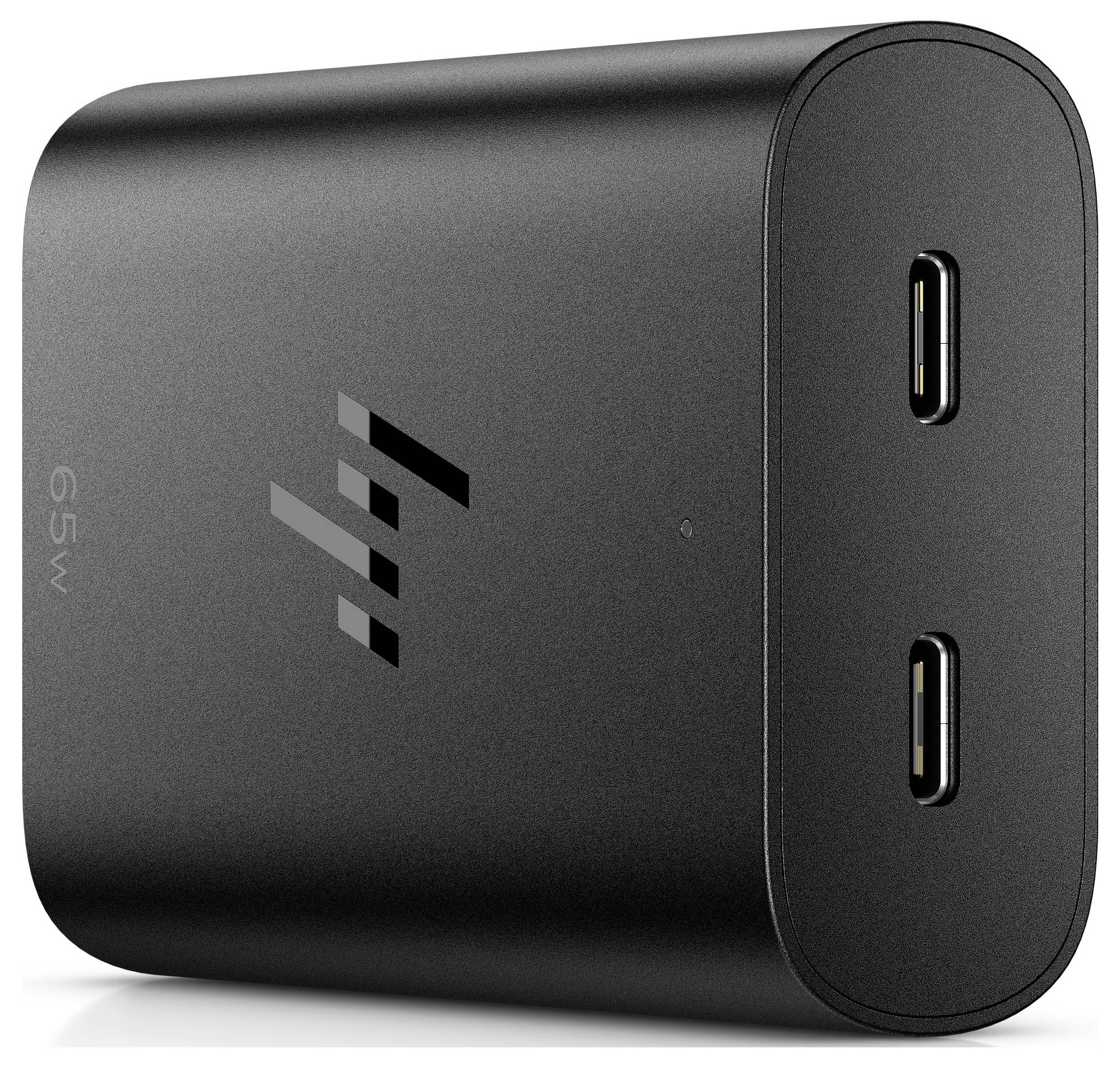 Schwarzes Netzteil mit zwei USB-C-Anschlüssen, 65 W, für schnelles Aufladen elektronischer Geräte. Kompaktes, modernes Design.