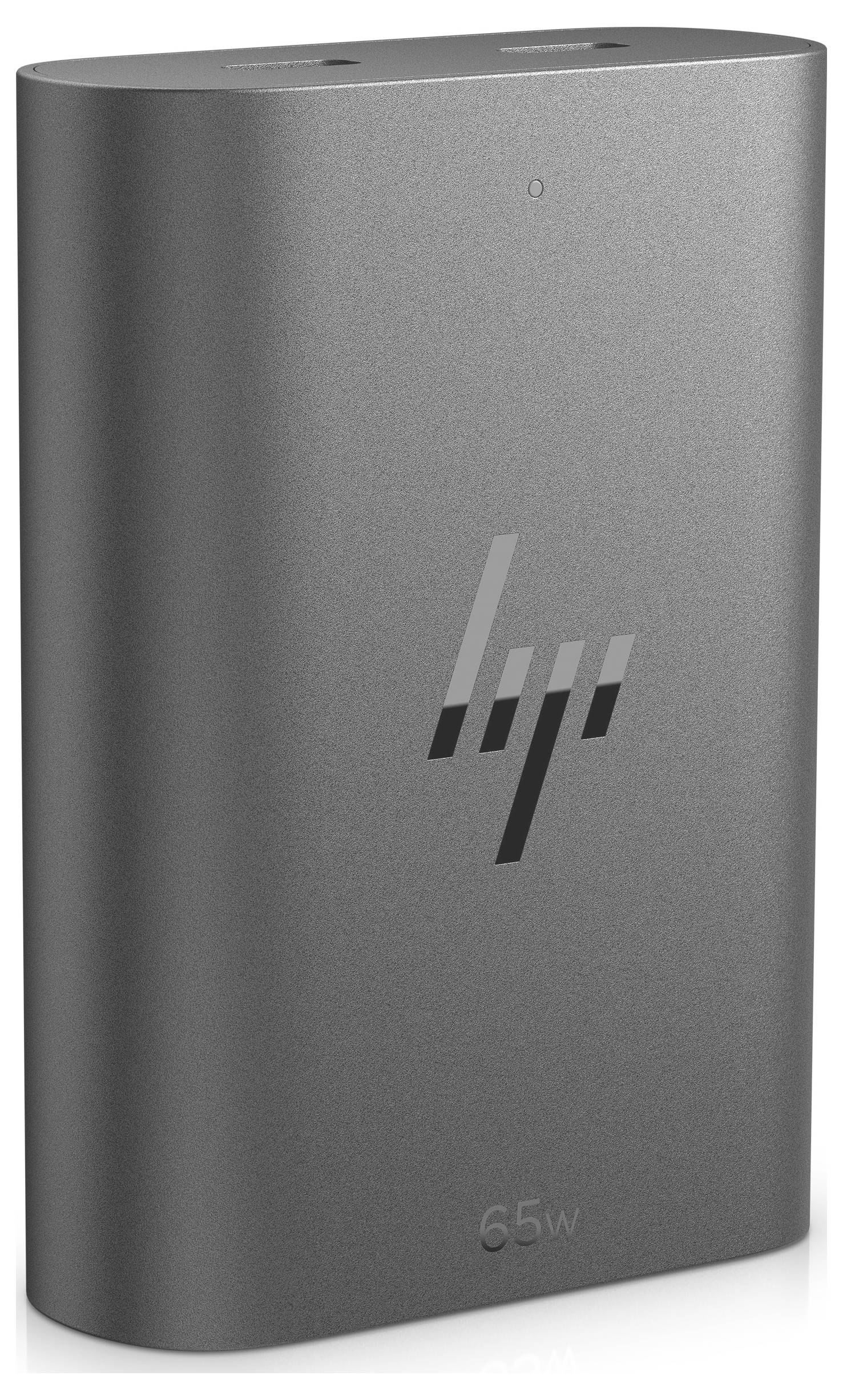 Graue Powerbank mit 'HP'-Logo und Angabe '65W' auf der Vorderseite. Schlichtes, modernes Design.