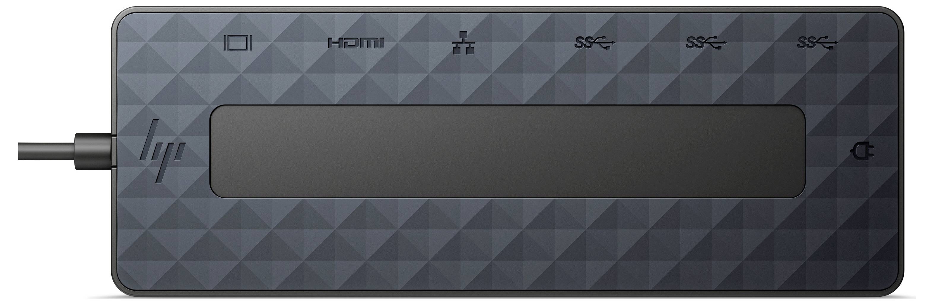 Ein rechteckiges HP-Dockingstation mit mehreren Anschlüssen, einschließlich USB und HDMI. Ein Kabel verbindet die Station mit einem Gerät.