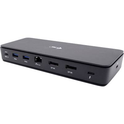 Ein schwarzes elektronisches Dockingstation-Gerät mit mehreren Anschlüssen, darunter USB, HDMI, Ethernet und Thunderbolt, auf der Vorderseite.