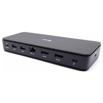Eine schwarze Dockingstation mit mehreren Anschlüssen, darunter USB, Ethernet und zwei DisplayPorts.