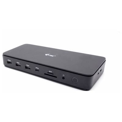 Schwarze Dockingstation mit mehreren Anschlüssen, darunter USB-Anschlüsse, HDMI-Ports und ein SD-Kartenleser, auf weißem Hintergrund.