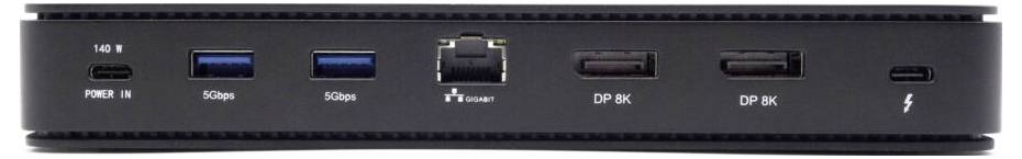 Rückseite eines schwarzen Computerdocks mit verschiedenen Anschlüssen, darunter Ethernet, USB und DisplayPort, zur Verbindung externer Geräte.