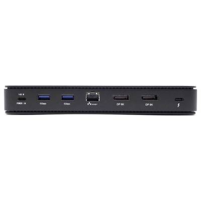 Rückseite eines schwarzen Computerdocks mit verschiedenen Anschlüssen, darunter Ethernet, USB und DisplayPort, zur Verbindung externer Geräte.