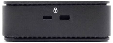 Schwarzes elektronisches Gerät mit zwei Öffnungen auf der Vorderseite und einem Schlosssymbol darüber.