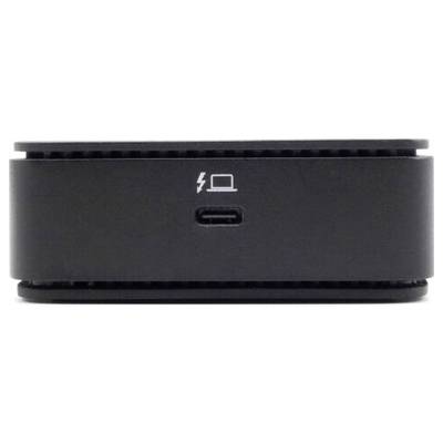Schwarzes elektronisches Gerät mit einem USB-C-Anschluss auf der Vorderseite, darüber ein Symbol, das Blitz und Laptop darstellt.