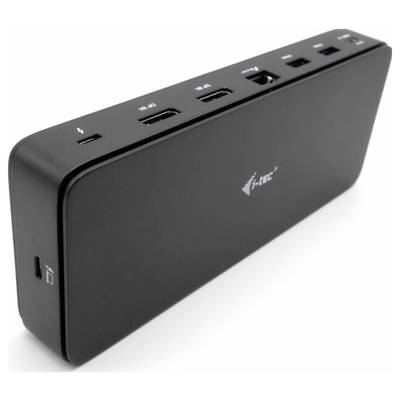 Schwarze Dockingstation mit verschiedenen Anschlüssen, darunter HDMI, USB und Audio. Marke i-Tec auf der Vorderseite.