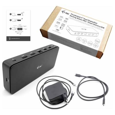 'Tec' Thunderbolt 4 Dockingstation mit verschiedenen Anschlüssen und Kabeln. Verpackung und Anleitung im Hintergrund.