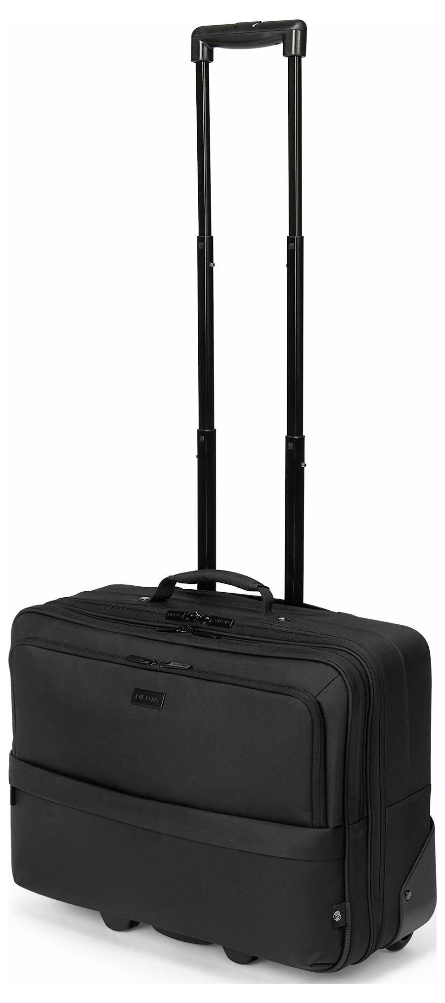 Ein schwarzer Rollkoffer mit ausgezogenem Griff, geeignet für Geschäftsreisen.
