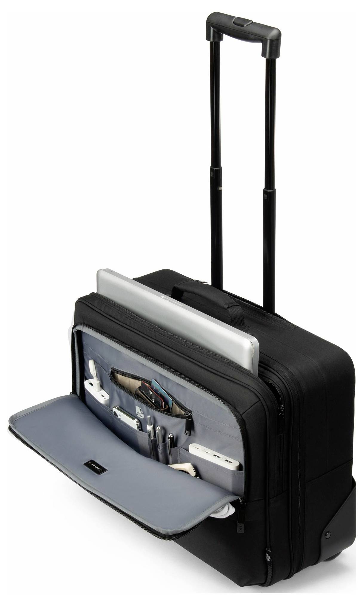 Schwarzer Rollkoffer mit ausgeklappter Fronttasche, zeigt Laptop, Tablet und organisierte Stifthalter. Ideal für Geschäftsreisen.