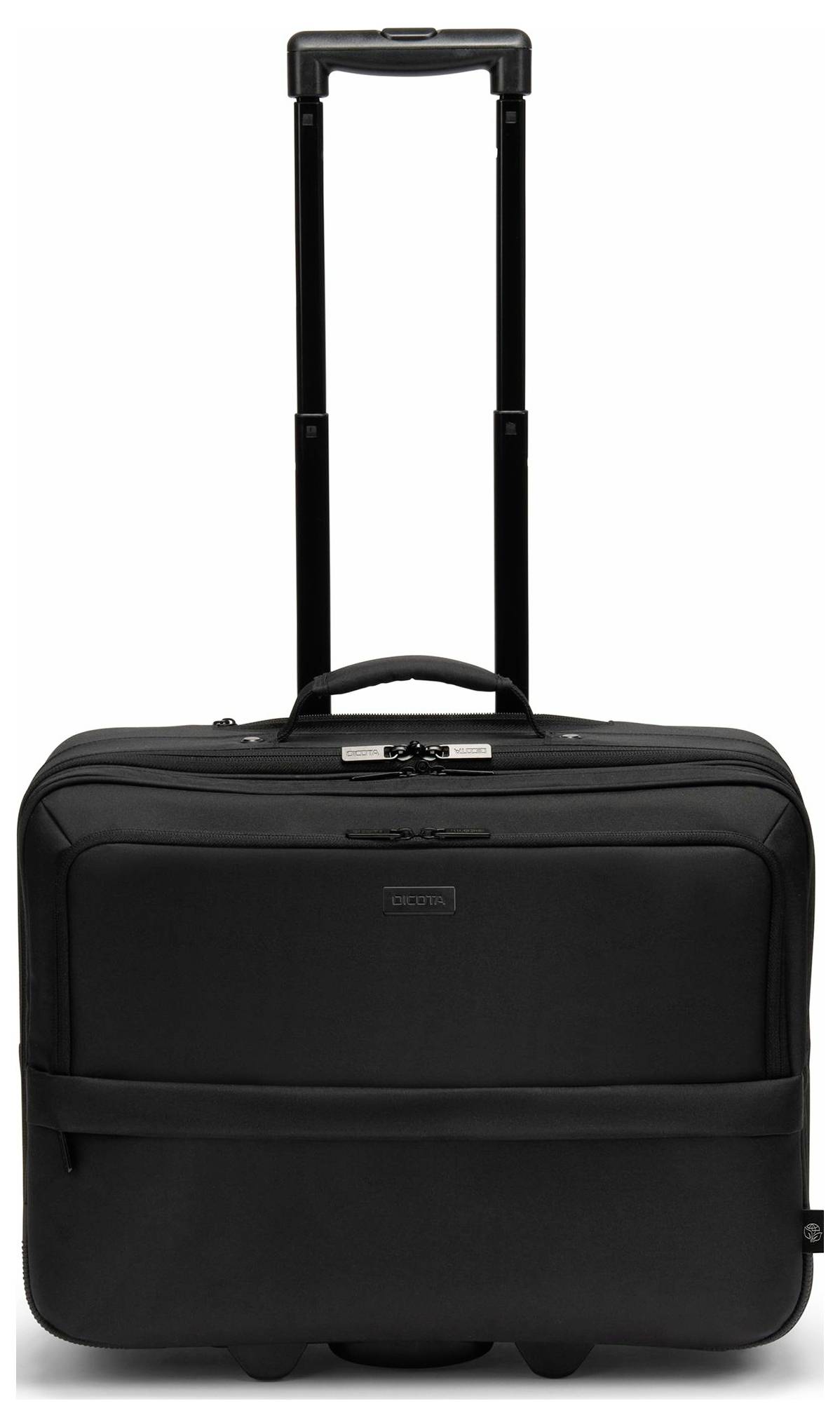 Ein schwarzer Rollkoffer mit Teleskopgriff und mehreren Reißverschlussfächern, geeignet für Reisen oder geschäftliche Zwecke.