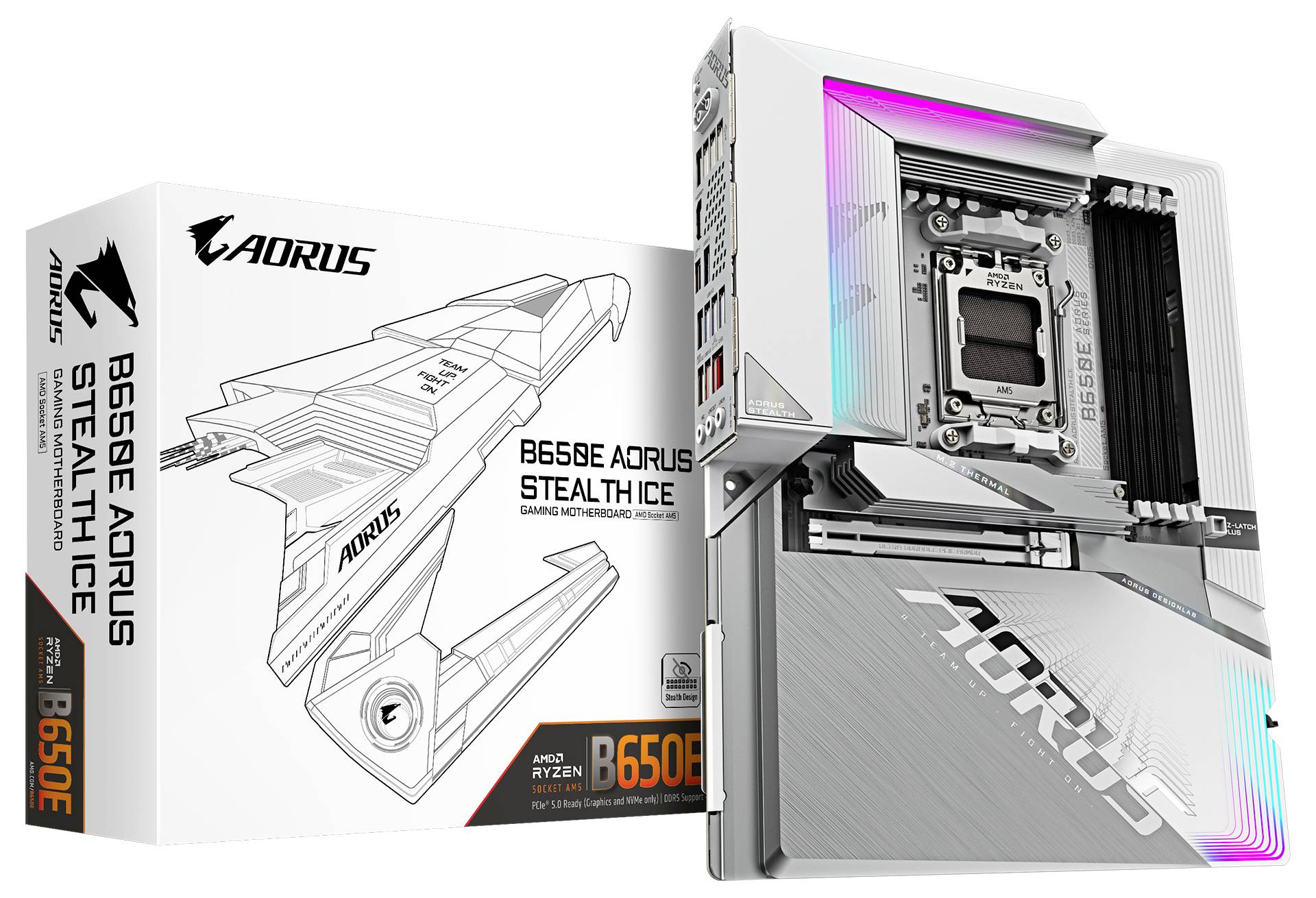 Mainboard Modell 'B650E Aorus Stealth 1G' mit weißem Design und RGB-Beleuchtung, neben Verpackung mit technischen Illustrationen.