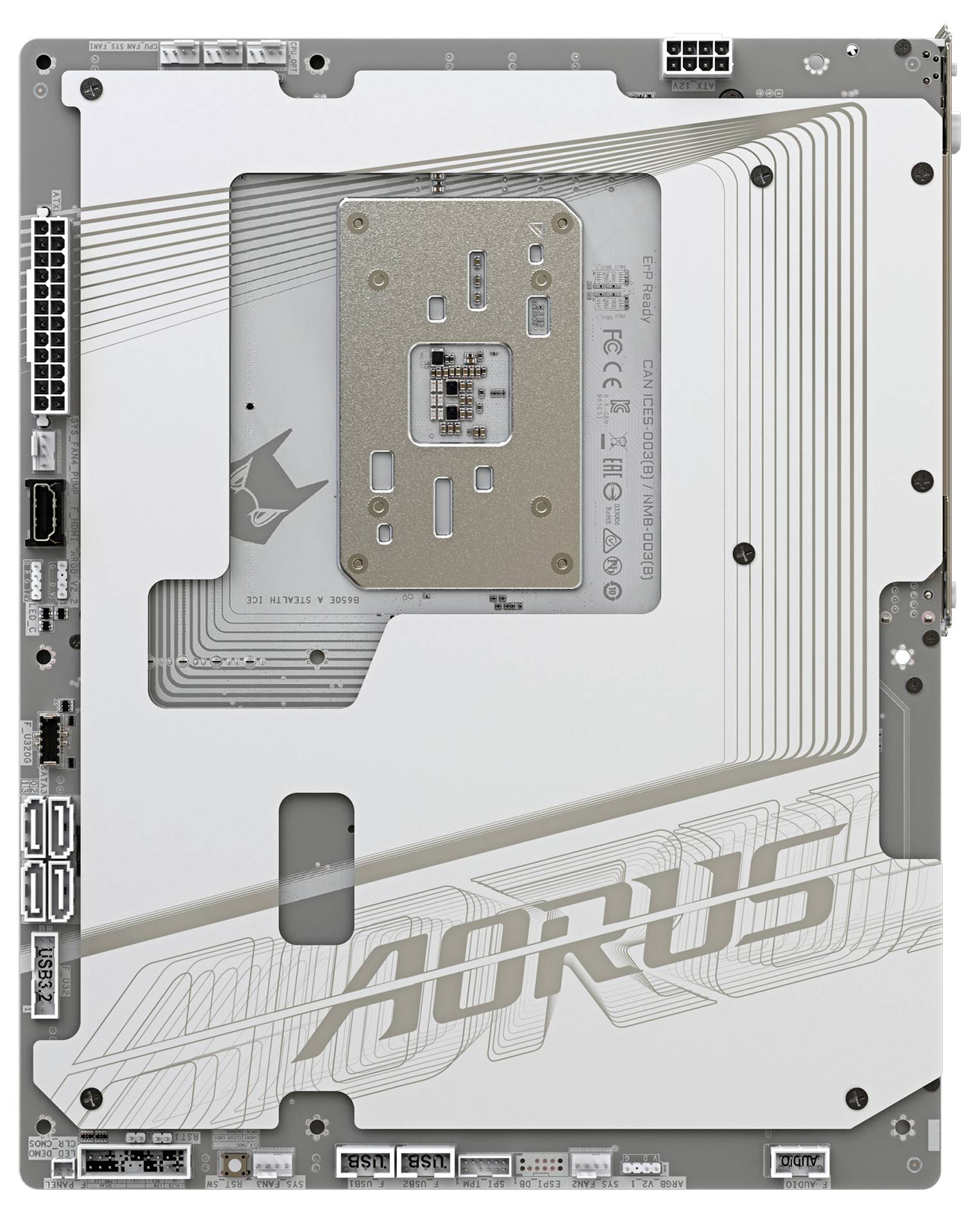 Ein weißes Mainboard mit silbernen Details und dem Schriftzug 'AORUS'. Sichtbare Ports für USB und Audio sowie CPU-Sockelbereich.