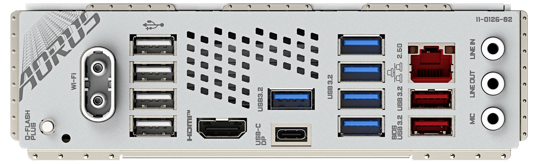 Hinterseite eines Computer-Motherboards mit diversen Anschlüssen: USB-Ports, HDMI, LAN-Anschlüsse, Audioanschlüsse.