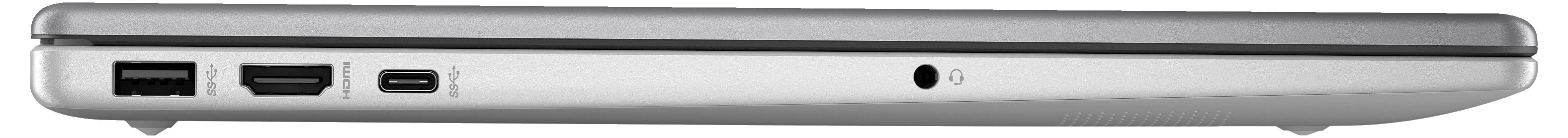 Ein geschlossenes, silbernes Laptop von der Seite. Sichtbar sind USB-Anschlüsse, ein HDMI-Anschluss und ein Kopfhöreranschluss.