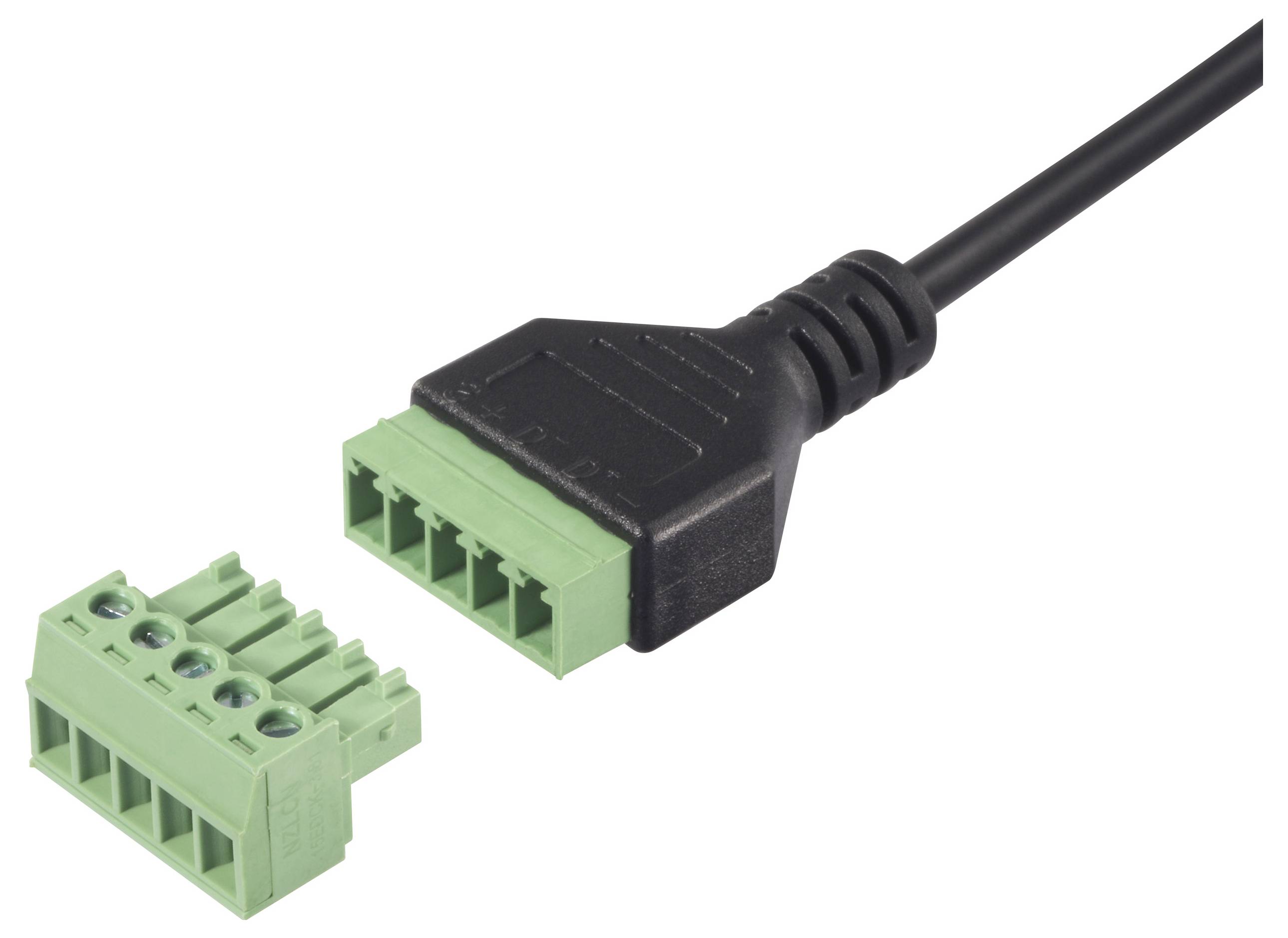 Schwarzes Kabel mit grünem Stecker und Gegenstück. Verwendet für elektrische Verbindungen in elektronischen Geräten oder Schaltungen.