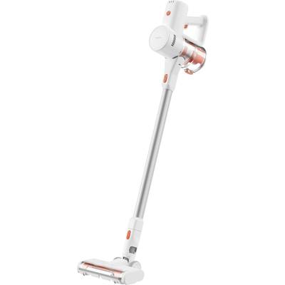 Ein weißer kabelloser Staubsauger mit orangefarbenen Akzenten und transparenter Staubkammer, ideal für die Bodenreinigung.