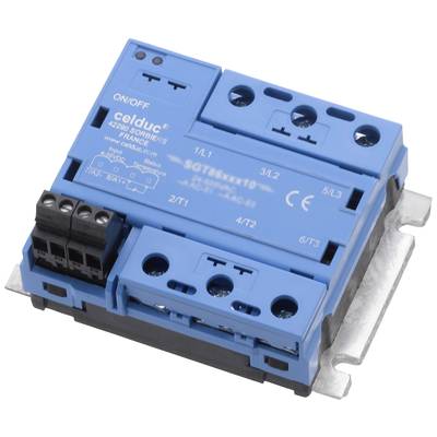 Ein blaues elektrisches Relais mit Schraubklemmen, Kippschalter mit 'ON/OFF'-Beschriftung, auf einer Metallhalterung montiert.