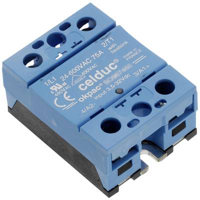 Blauer elektrischer Schaltschalter mit Aufschrift 'celduc relais', Angaben zur Stromspannung und Anschlusspunkten, z. B. '24-600VAC 75A'.